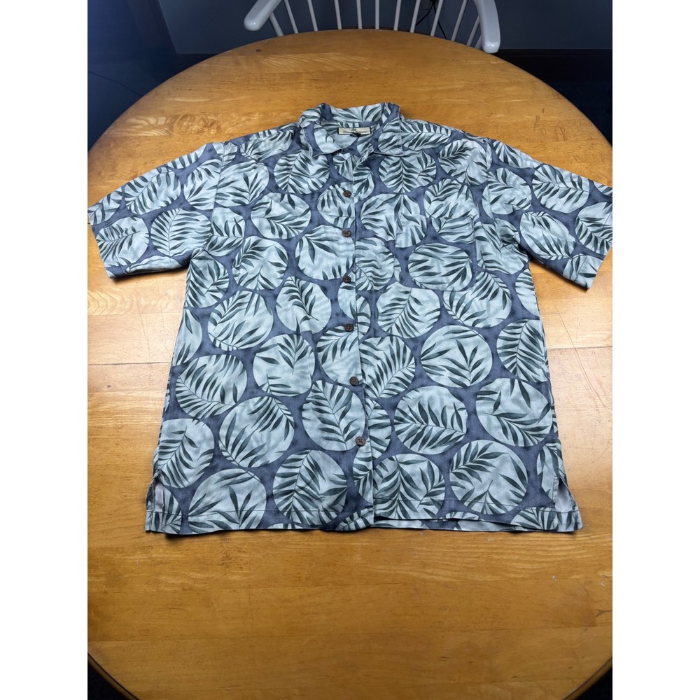 Tommy Bahama Mens Silk Camp Shirt Grey Blue Tropical Leaf Print Size M